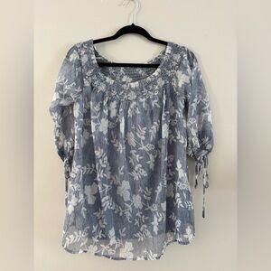 Blue and White Floral Blouse | Size Small | Boho Sheer
